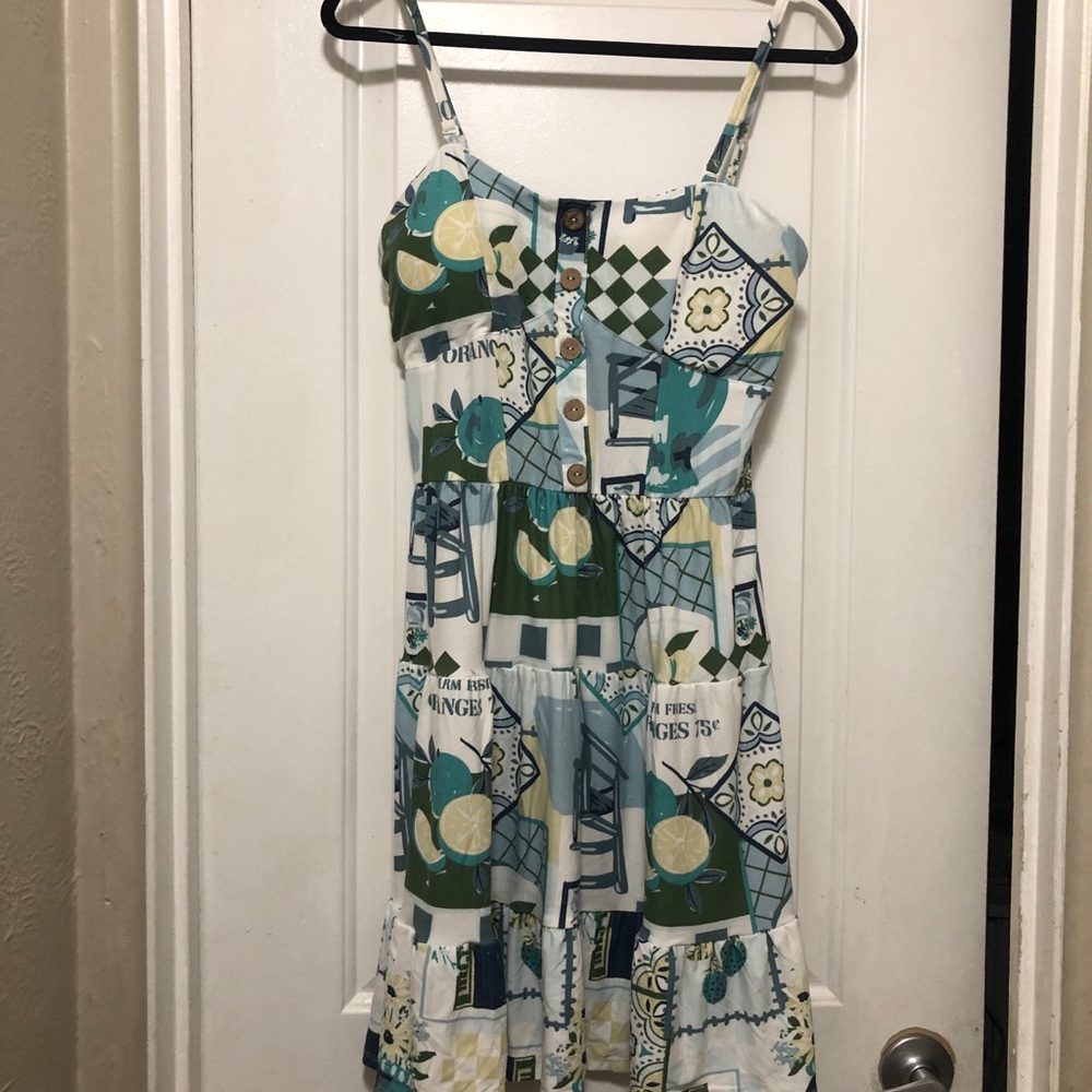 Derek Heart Teal White and Green Printed Sundress with Buttons NWT - Picture 1 of 5